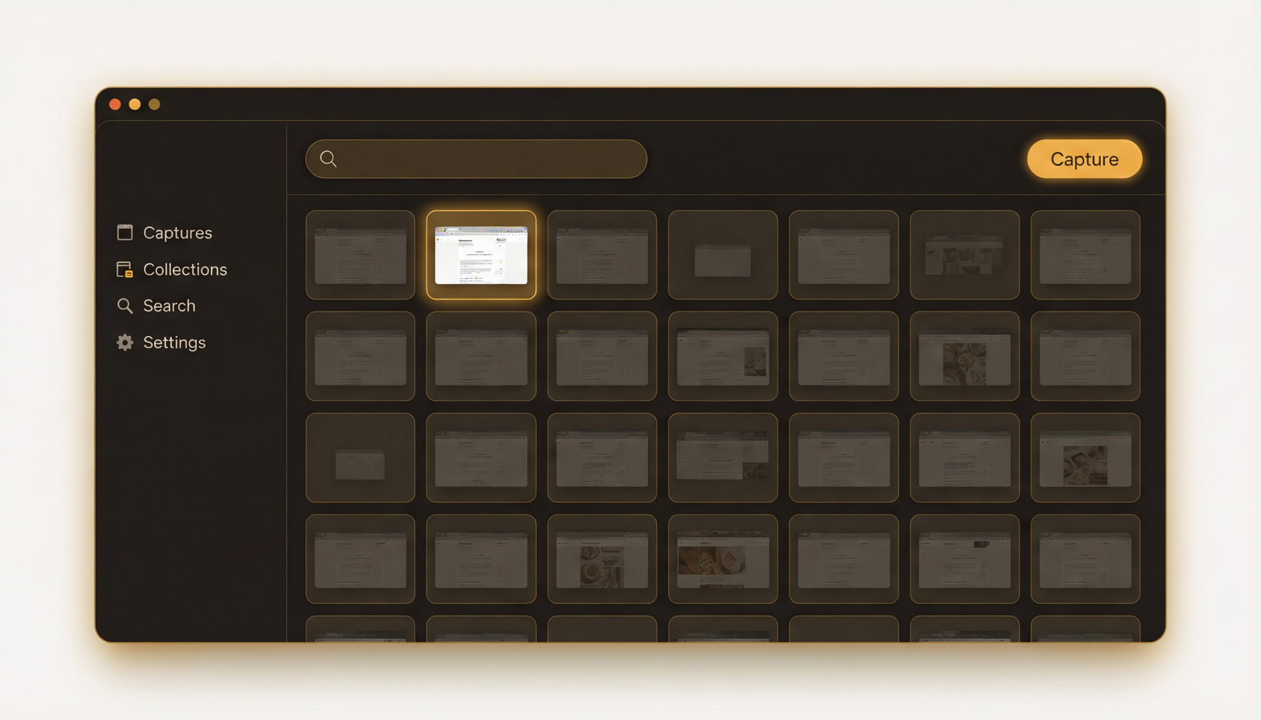 Kapti capture interface showing a grid of screenshots with the sidebar navigation