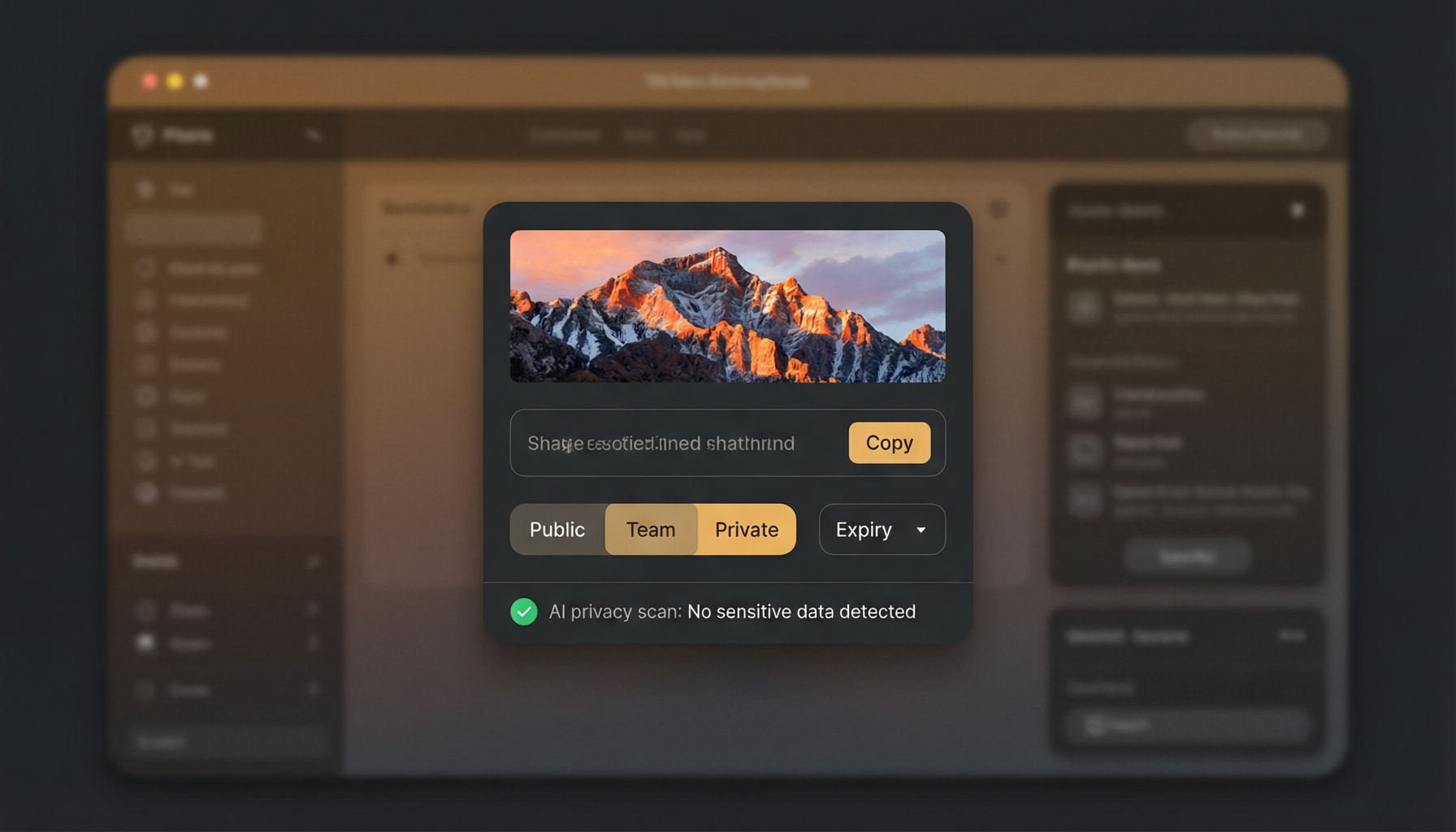 Share dialog with privacy options and AI privacy scan